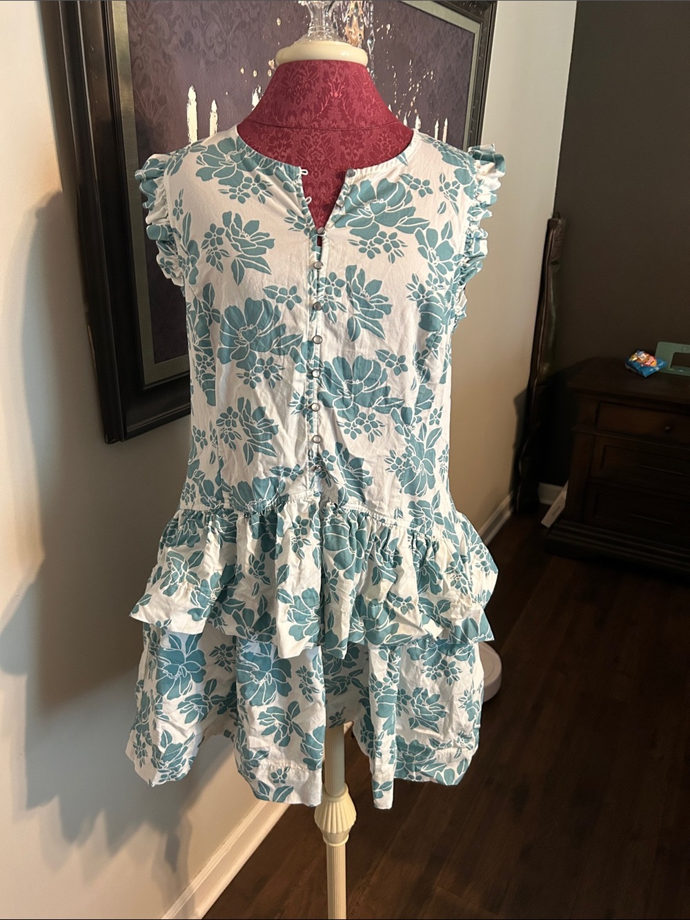 💚 Womans Blue Floral Ruffle Tiered Dress - Brand Not Visible